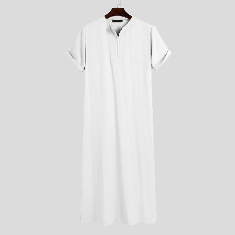 Saudi Style Zipper Jubba Thobe INCERUN Men Solid Color Robes Man Vintage Short Sleeve O Neck Muslim Arabic Islamic Clothes S-5XL