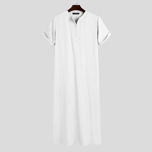 Saudi Style Zipper Jubba Thobe INCERUN Men Solid Color Robes Man Vintage Short Sleeve O Neck Muslim Arabic Islamic Clothes S-5XL